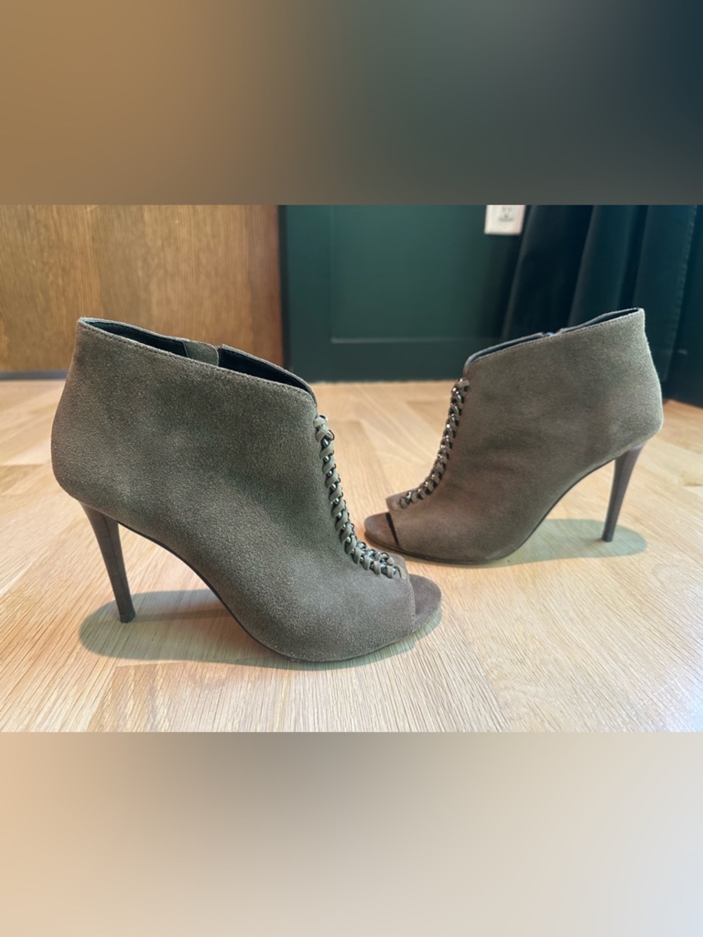 Coach Suede Peep-Toe Ankle Booties in Olive Green with Chain accent 8.5